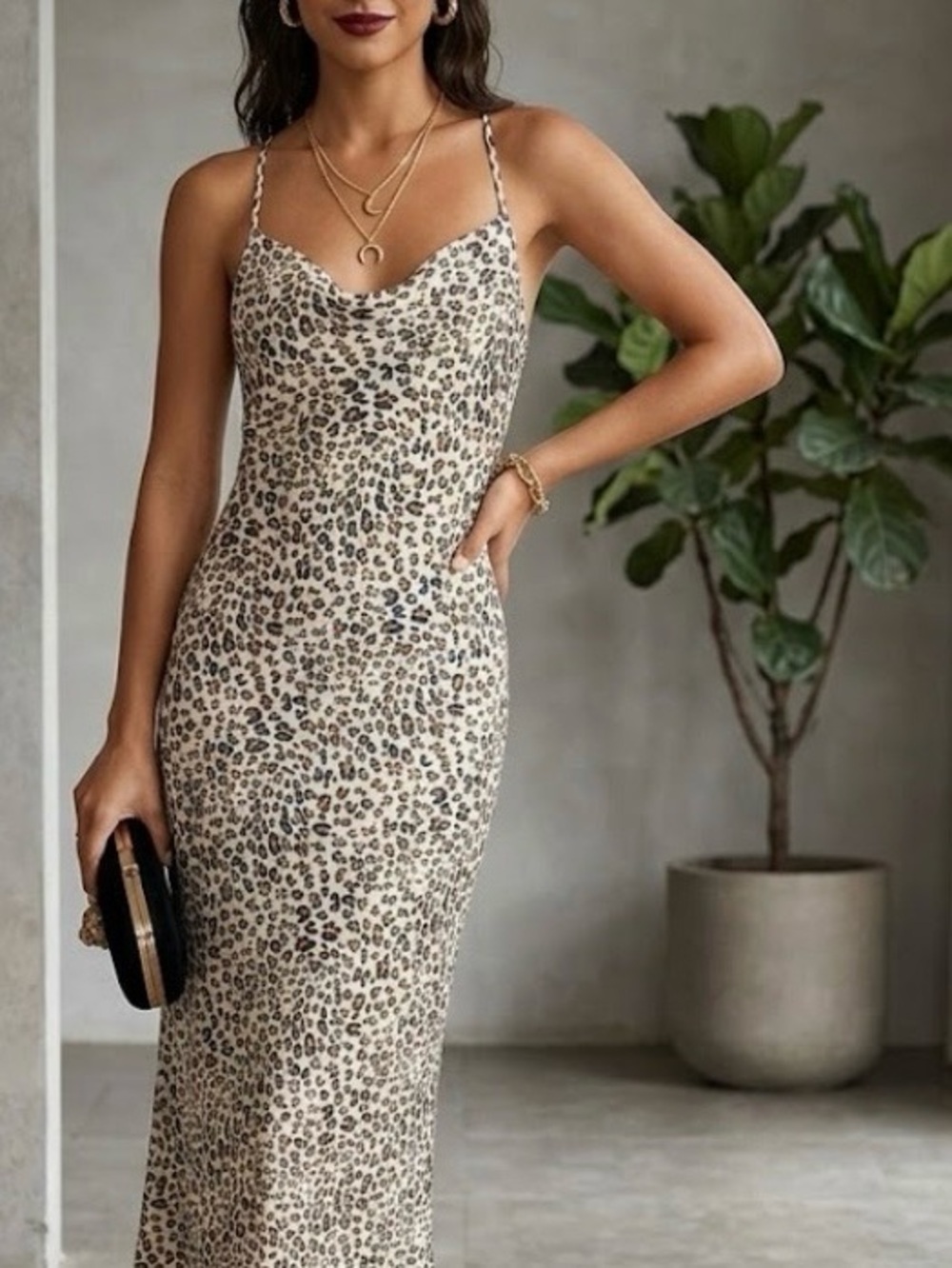 Everly animal print midi slip dress crisscross draped back satin large